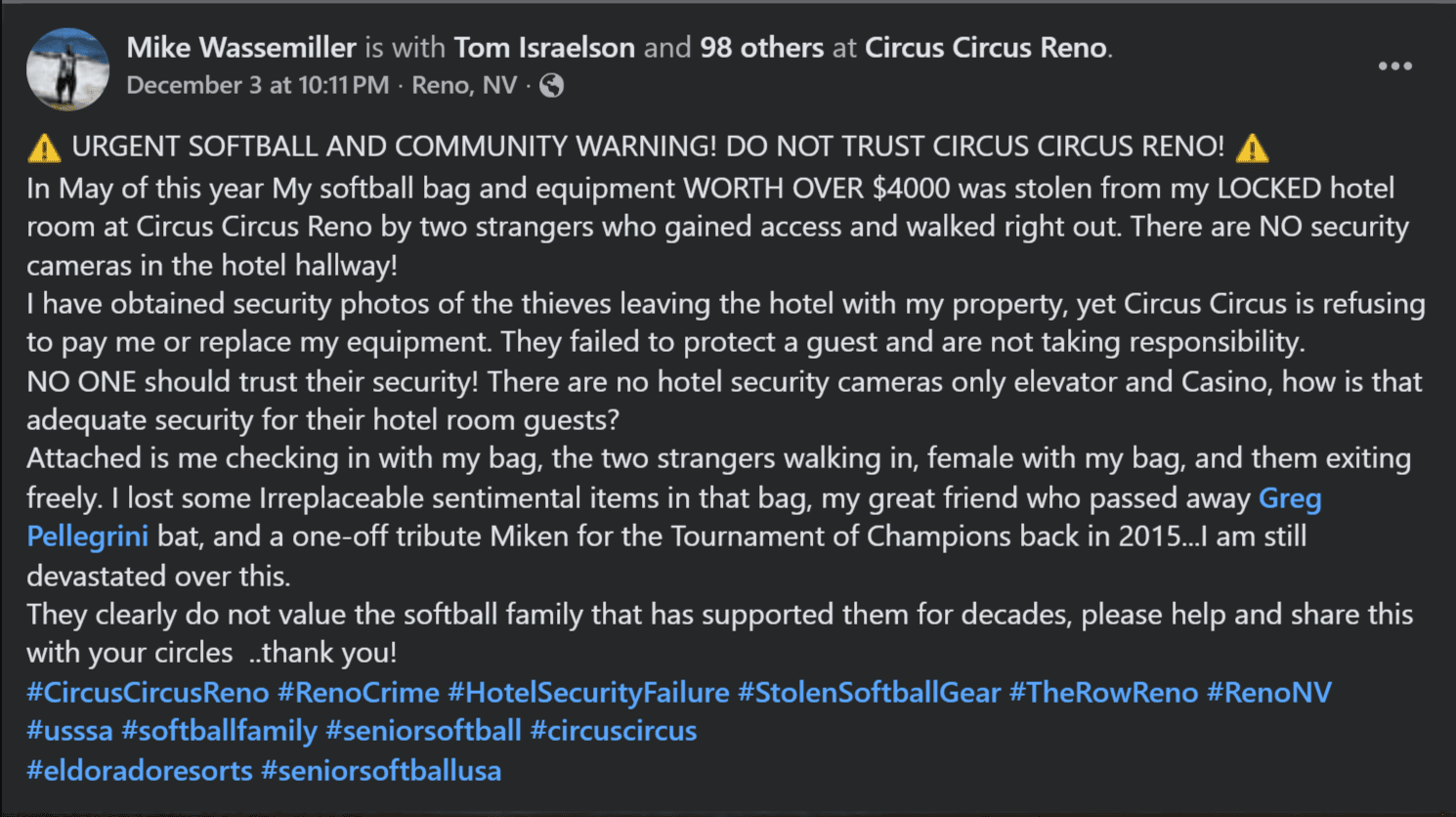 $4,000+ Softball Gear Stolen from Locked Circus Circus Reno Room - Hotel Refuses to Pay Despite Clear Security Video of Thieves