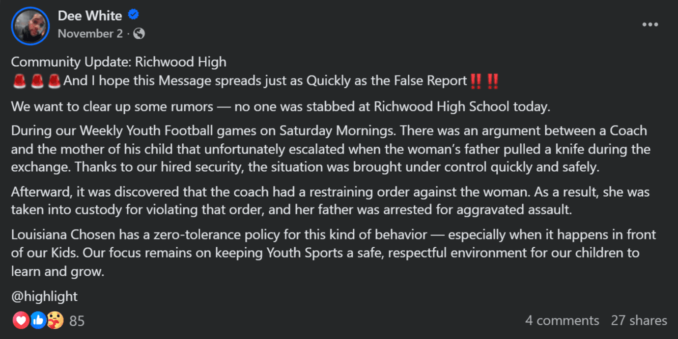 Coach Dispute at Richwood High Football Game Leads to Knife Threat and Arrests
