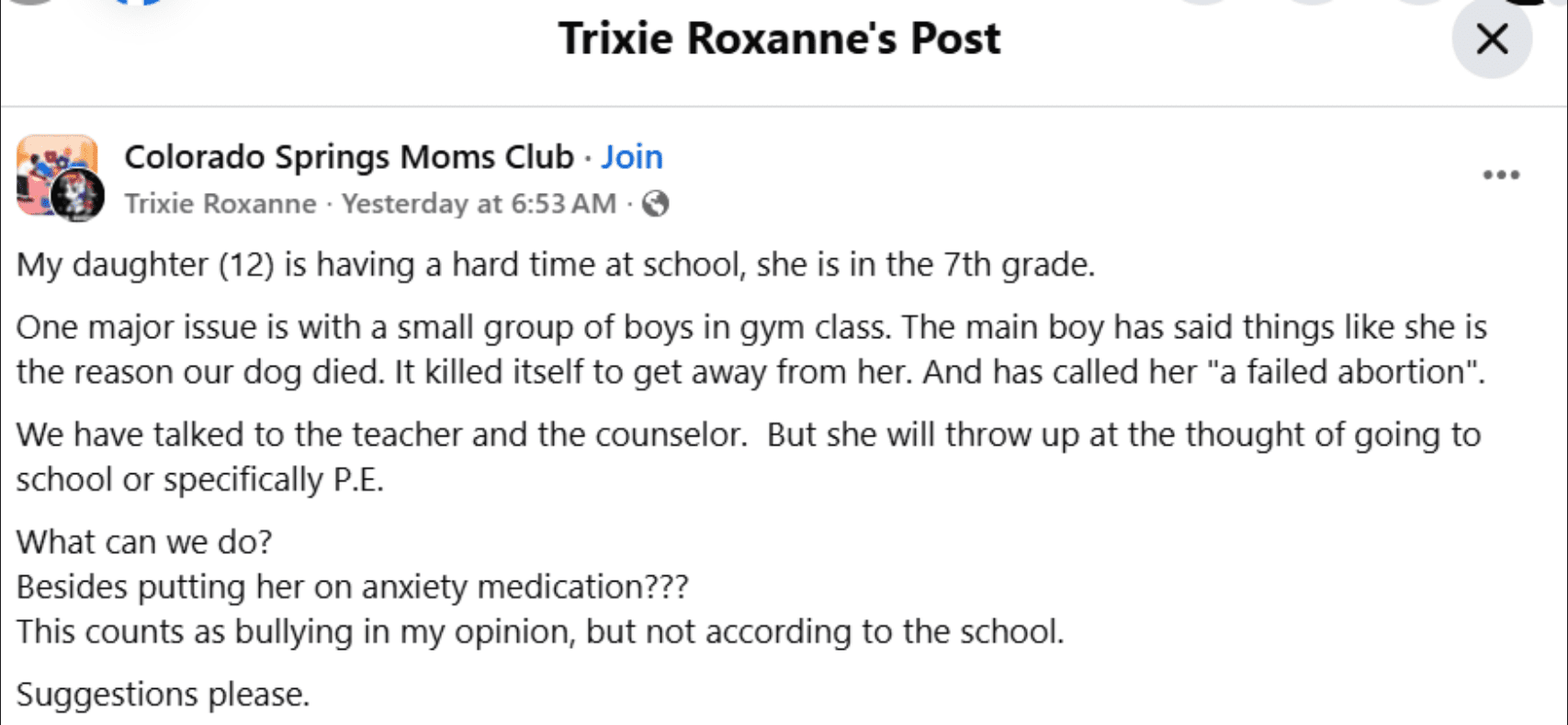 Colorado Girl Scared To Go School After Boys In Gym Call Her A Failed Abortion And Blame Her For Dog’s Death