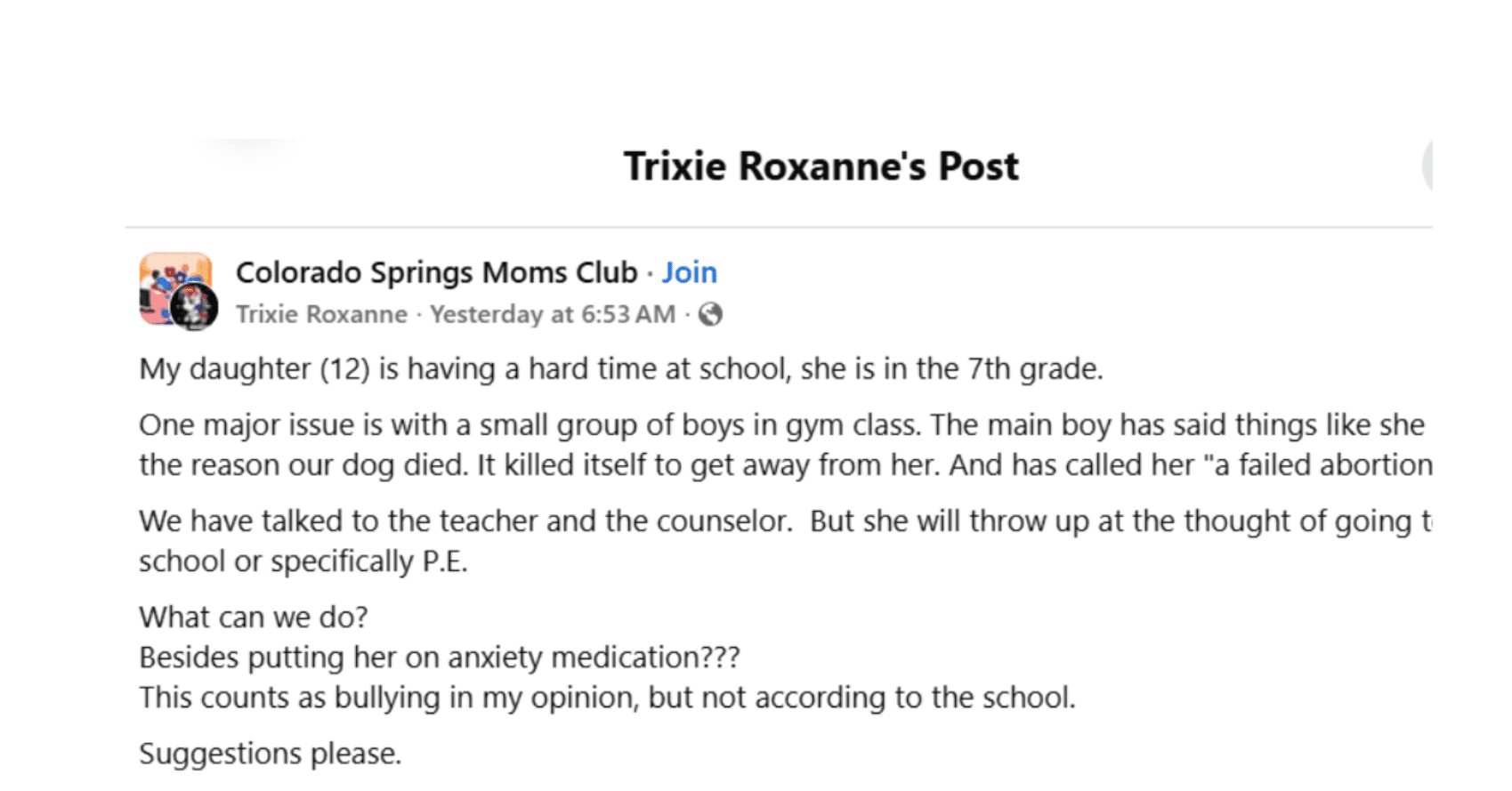 Colorado Girl Scared To Go School After Boys In Gym Call Her A Failed Abortion And Blame Her For Dog’s Death