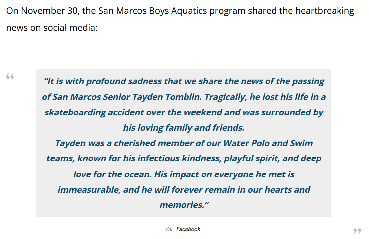 San Marcos Senior and Water Polo Player Tayden Tomblin Passes Away After Skateboarding Accident