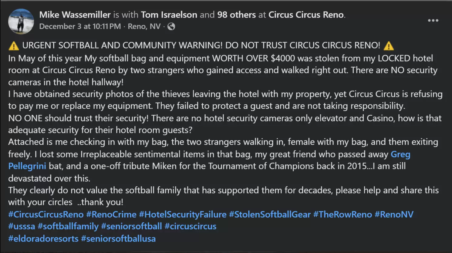 $4,000+ Softball Gear Stolen from Locked Circus Circus Reno Room - Hotel Refuses to Pay Despite Clear Security Video of Thieves