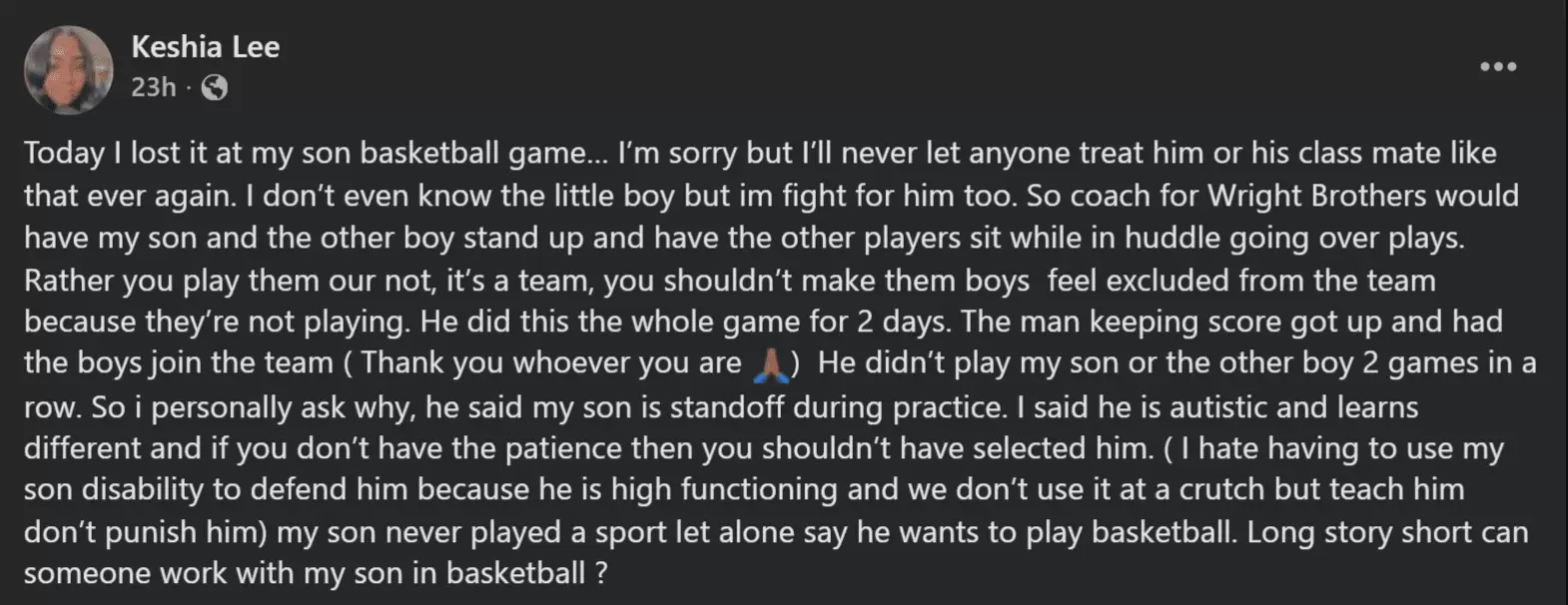 Autistic Son Left Out During Wright Brothers Basketball Games And Parent Finally Speaks Up