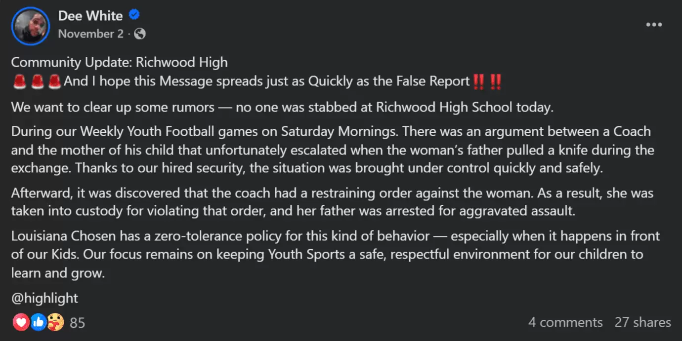 Coach Dispute at Richwood High Football Game Leads to Knife Threat and Arrests
