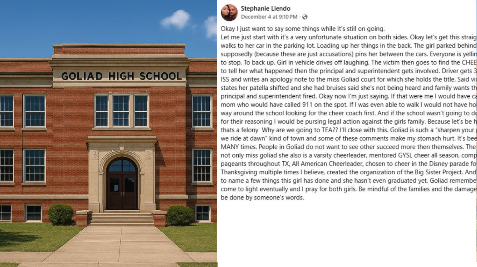 Goliad High School Varsity Cheerleader Case Gets Community Talking After Student Says She Was Hurt Between Cars
