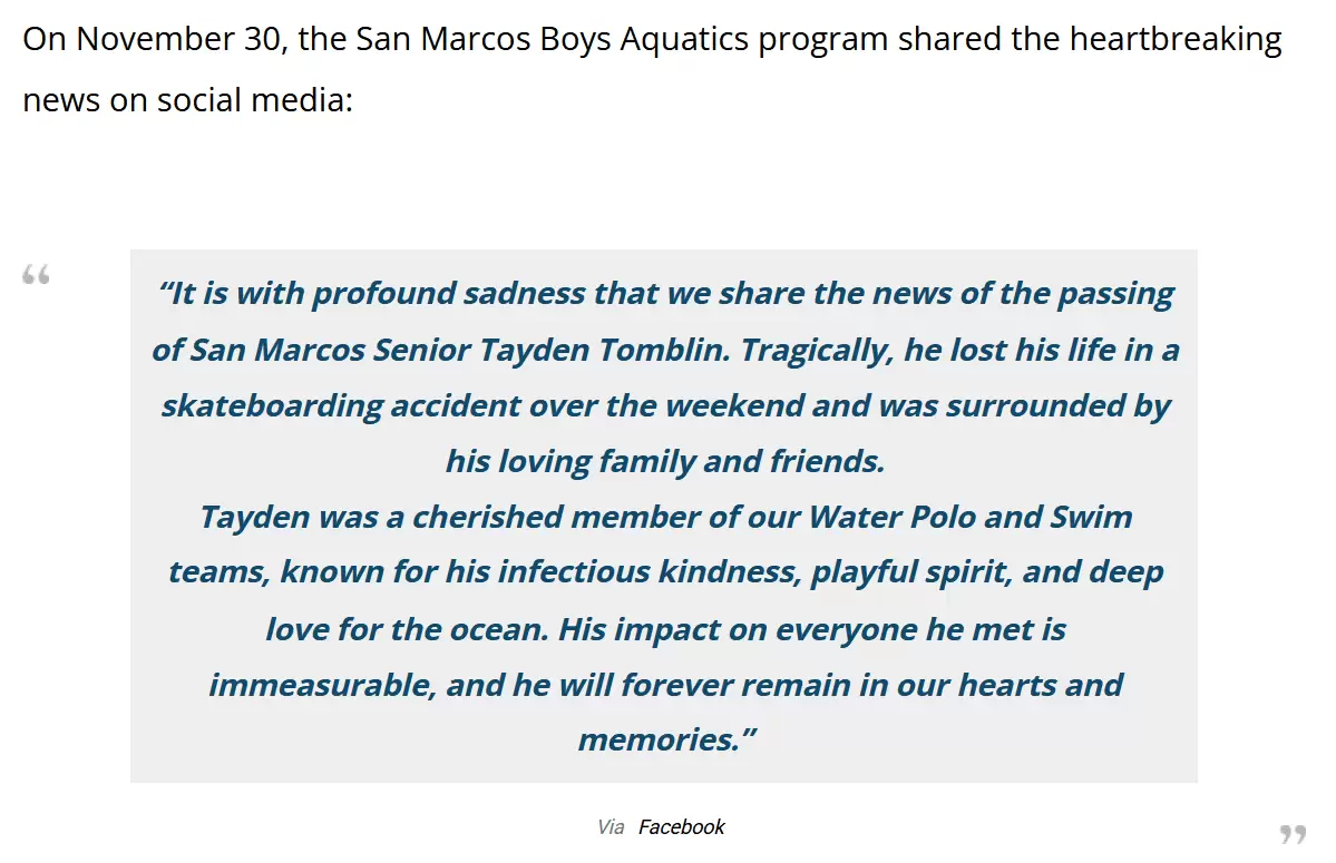San Marcos Senior and Water Polo Player Tayden Tomblin Passes Away After Skateboarding Accident